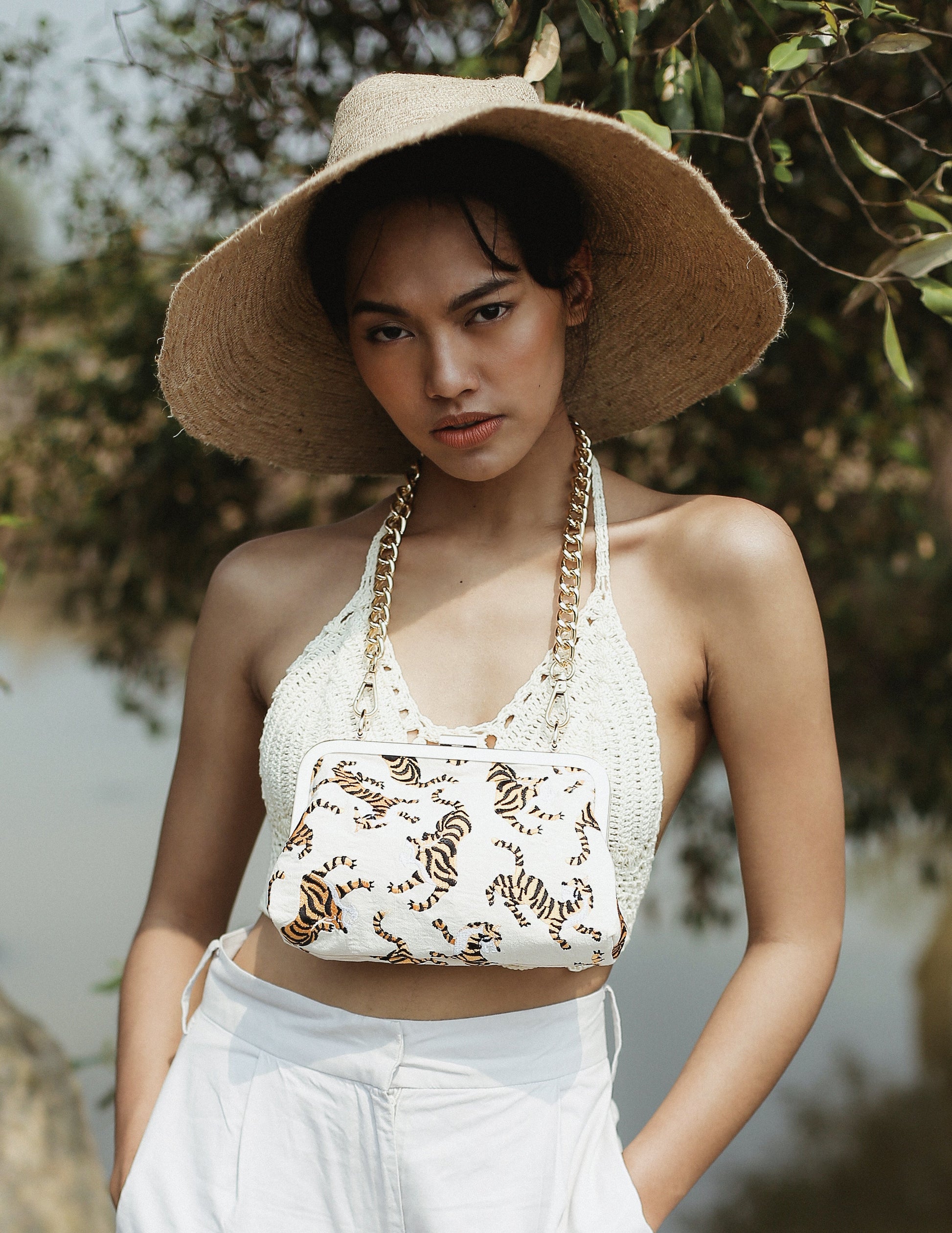 Tiger Clutch Bag in Ivory White