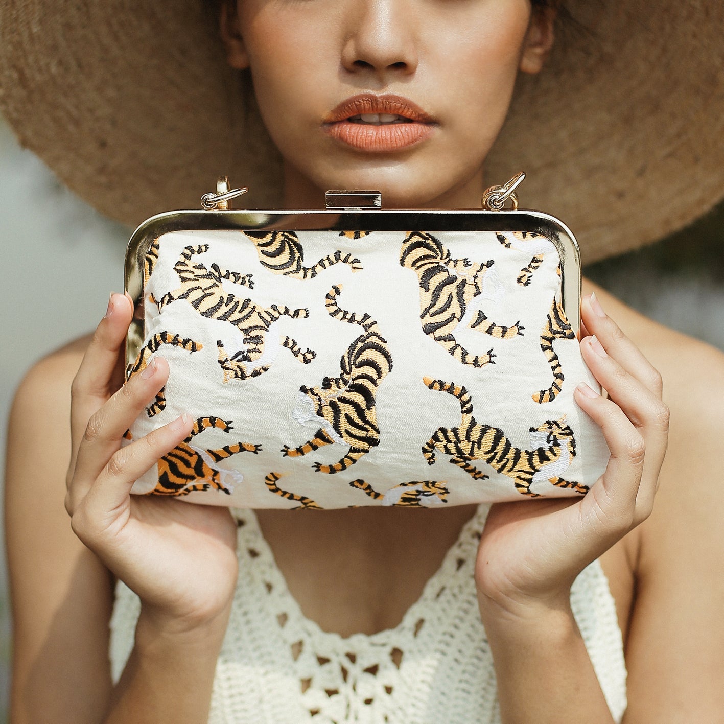 Tiger Clutch Bag in Ivory White