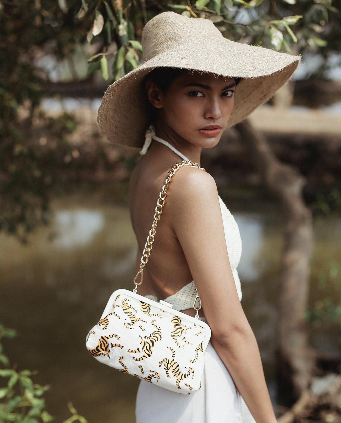 Tiger Clutch Bag in Ivory White